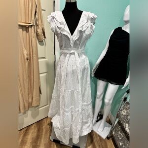 Poupette St. Barth White Ruffled Swiss Dot Maxi Dress